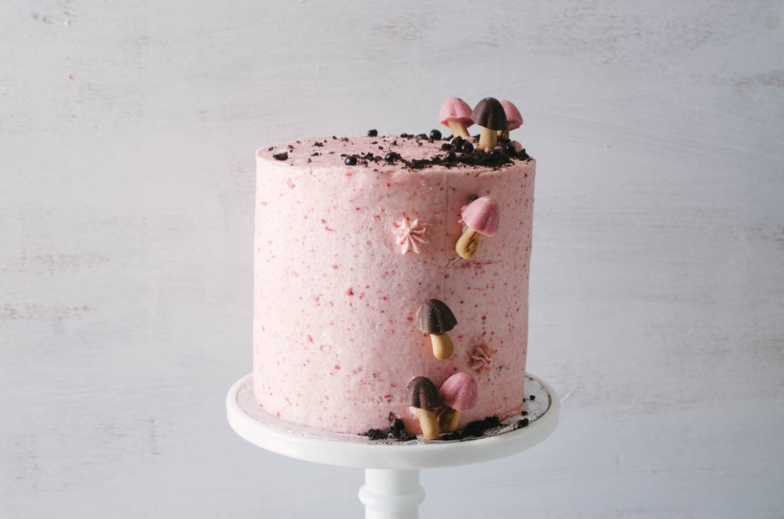 Chocolate Cake, Strawberry Frosting, and candy mushrooms