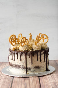 Bar Snack Cake- Chocolate Stout Cake with Peanut Butter Pretzel Frosting and Stout Ganache