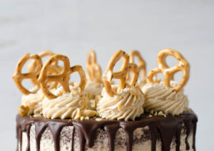 Bar Snack Cake- Chocolate Stout Cake with Peanut Butter Pretzel Frosting and Stout Ganache