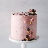 Chocolate Cake, Strawberry Frosting, and candy mushrooms